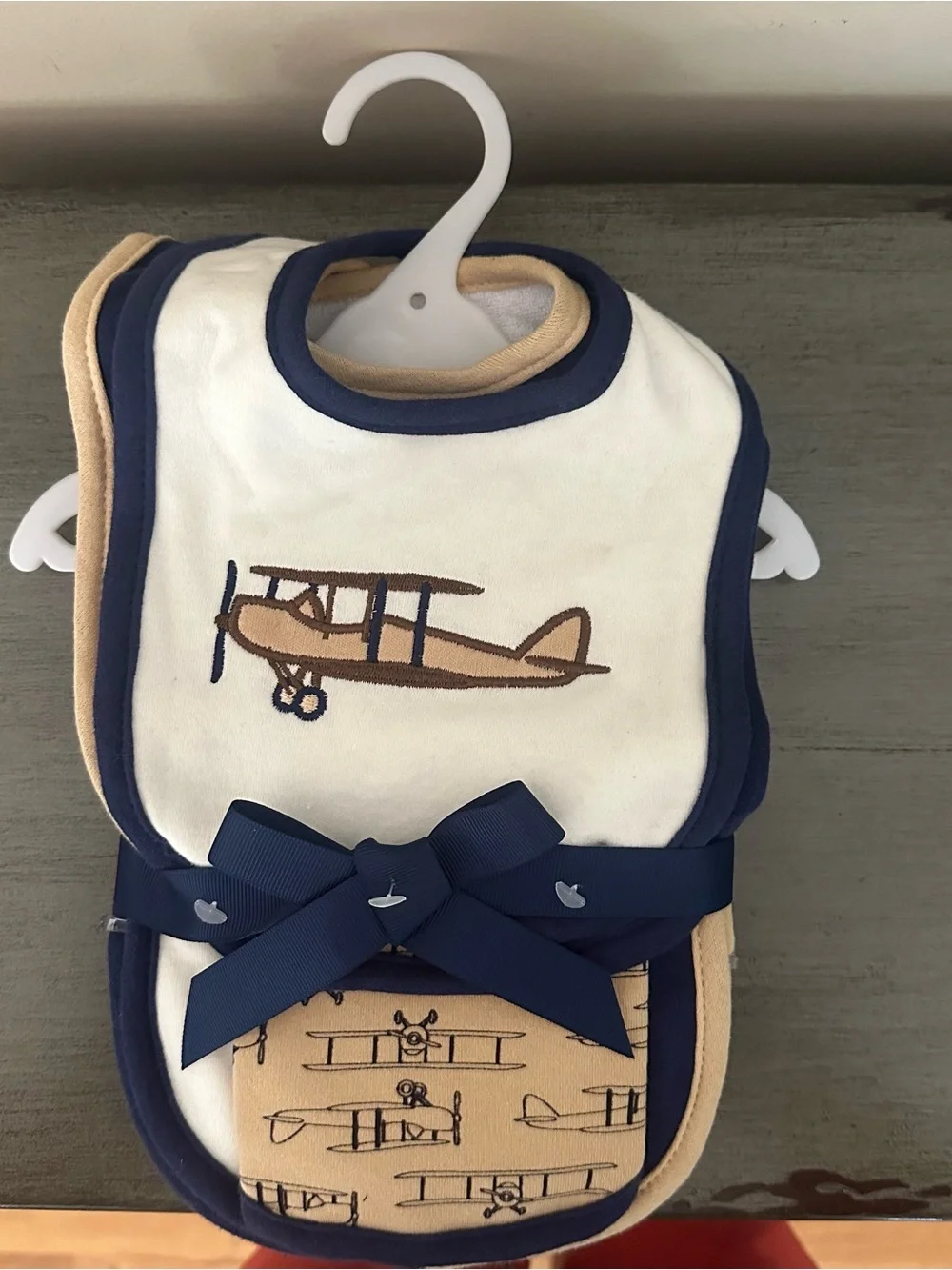 Baby Bib and Burp Cloth Set with Airplane Design - Navy, Tan, Cream, New No Tags